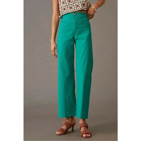 Anthropologie The Colette Cropped Wide Leg Pants Maeve Linen Edition Green - Picture 1 of 12